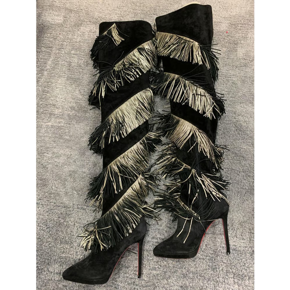 Christian Louboutin Bolcheva 120 Black Gold Fring Thigh High Knee Heel Boot 40.5 - Picture 11 of 12